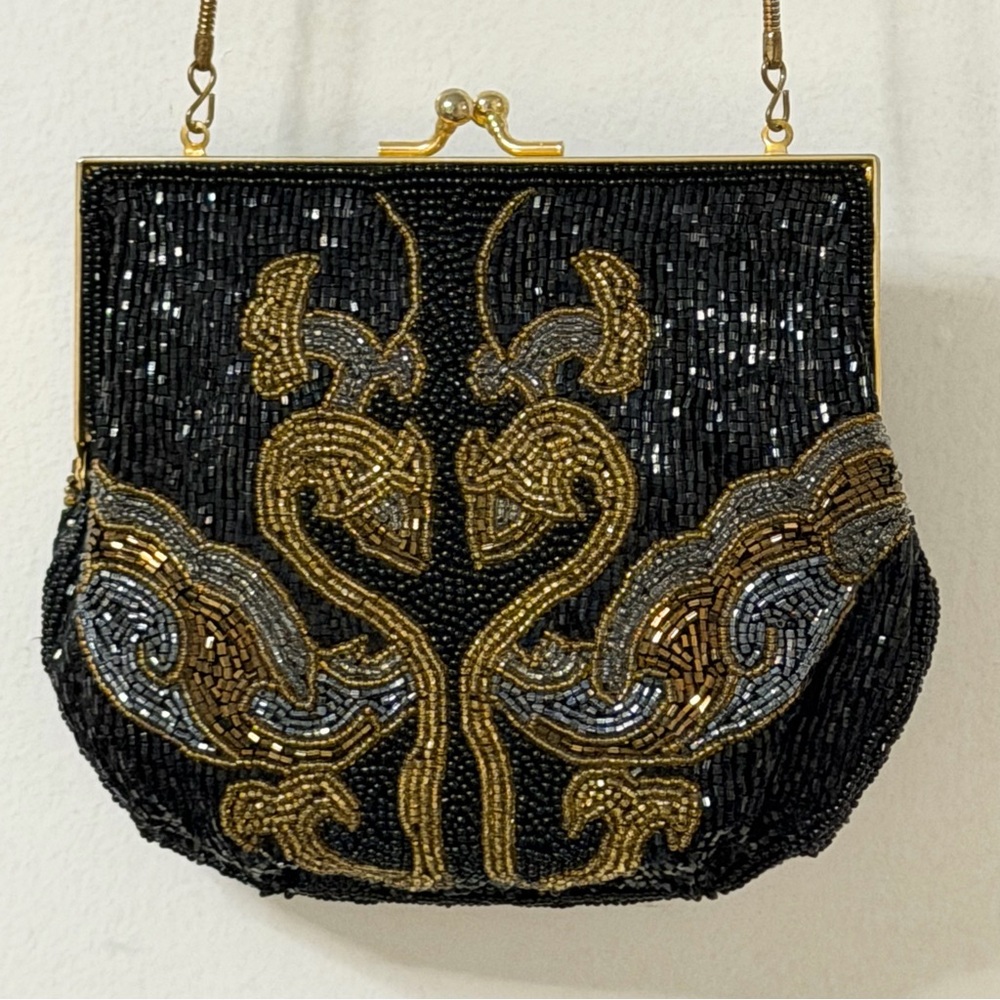 Lauren Alexandra Beaded Black and Gold Evening Bag kiss lock vintage swans
